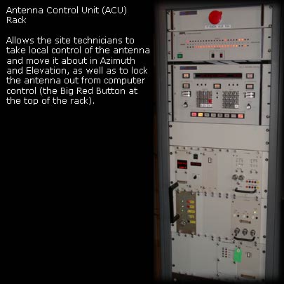 Antenna Control Unit (ACU) Rack in the Pedestal Room. The site technician can take local control of the antenna and move it in Azimuth and Elevation using this rack. The antenna can also be disabled from computer commands through this rack.