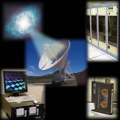 Overview of signal path: upper left, radio source; upper right, correlator; lower right, output media; lower left, Mark5 disk recorder; center, radio telescope